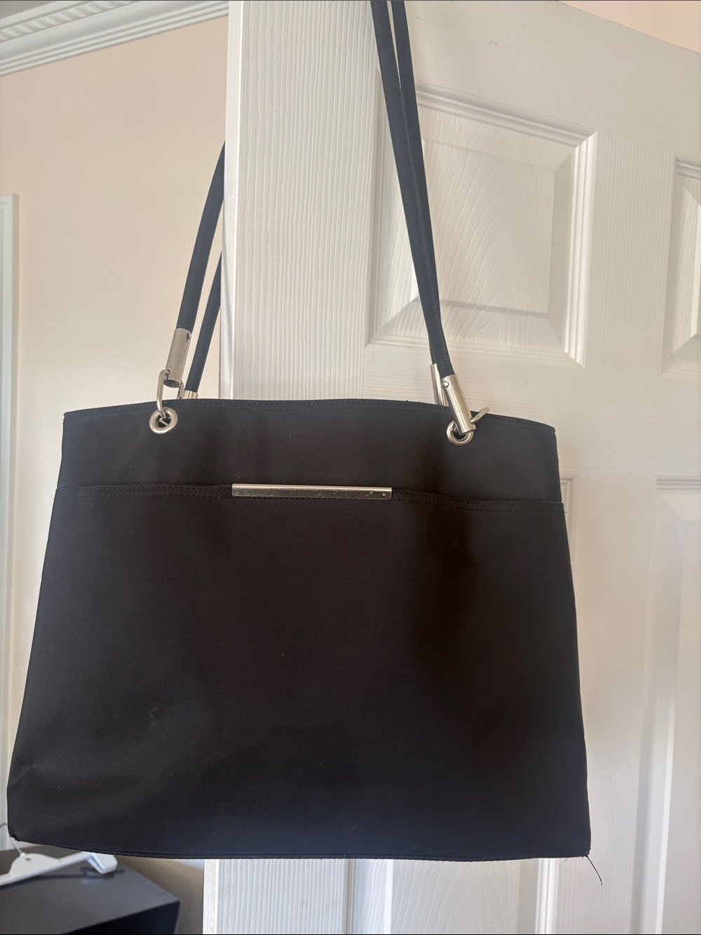 Classic Black Tote Bag with Silver Accents 15in,  11in. Some synthetic material.